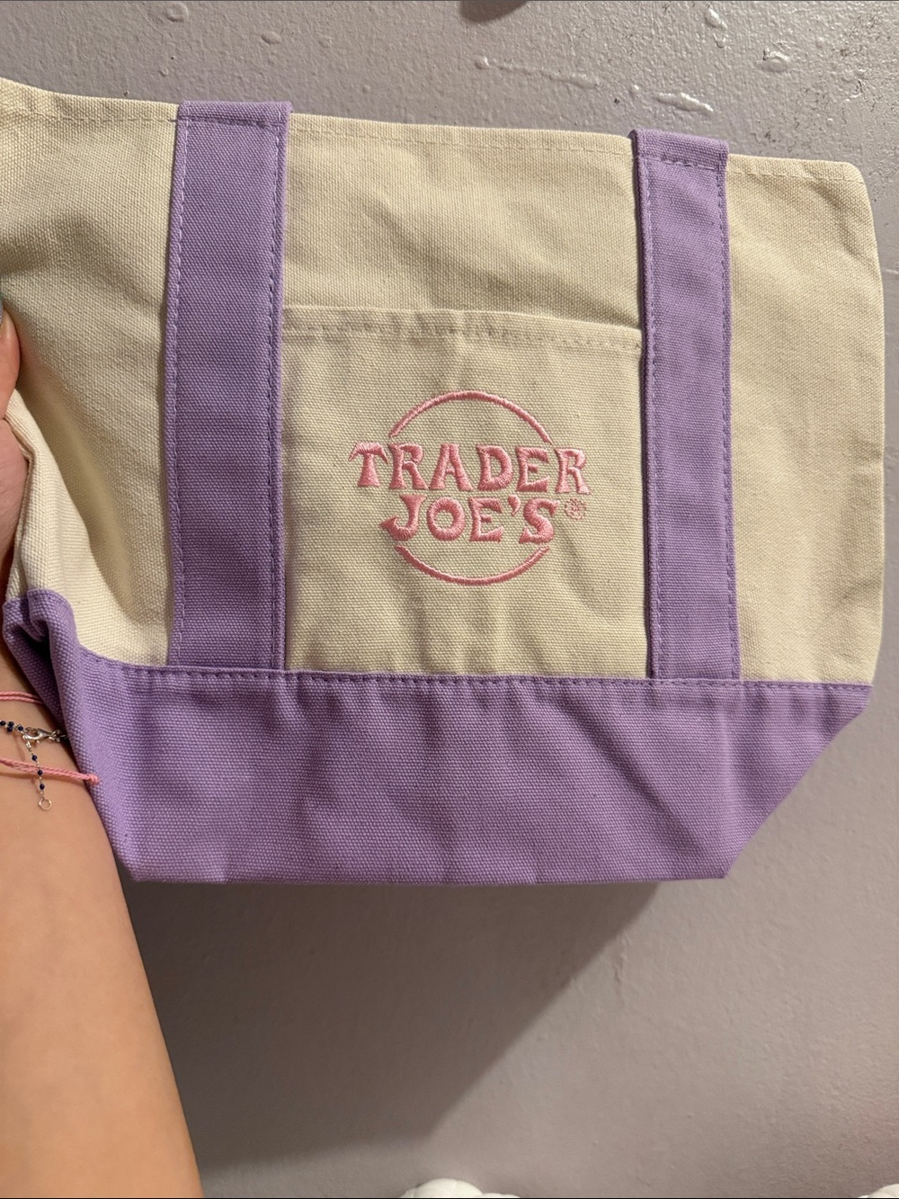NWT Mini Trader Joe’s Lavender & Cream Canvas Tote Bag